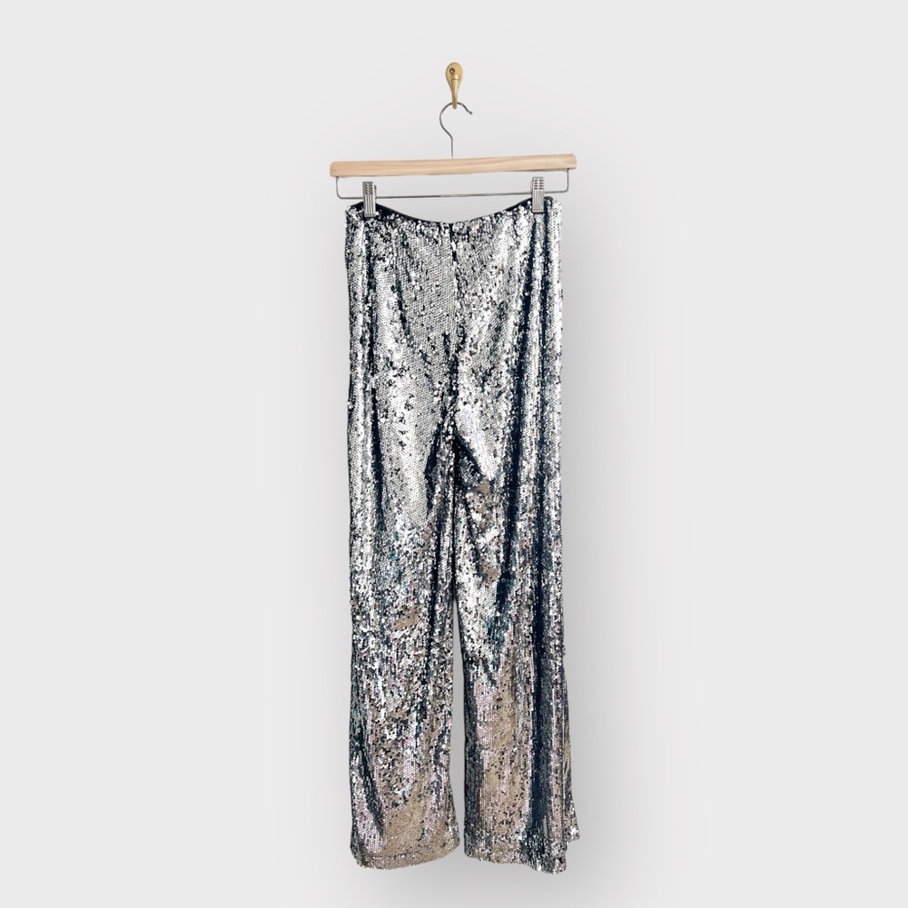 FOREVER 21 Silver Sequin Wide Leg Pants (Sz M) - Picture 4 of 6